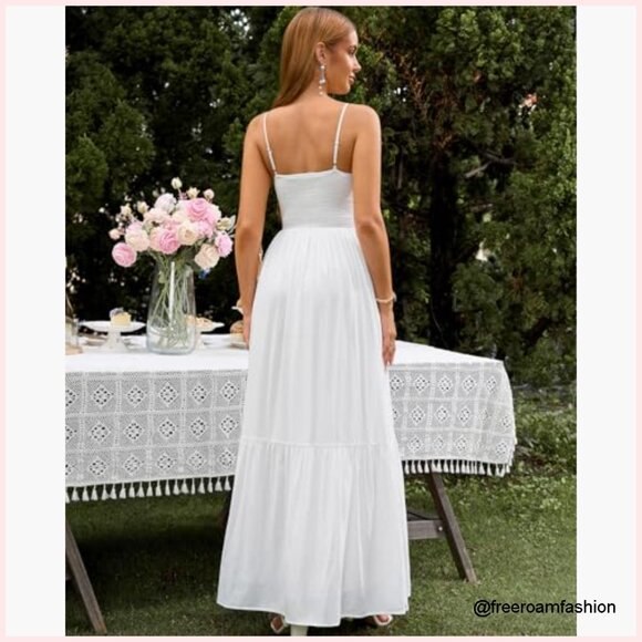 Women's Summer Maxi Dress V-Neck Cutout Smocked Back Flowy A-Line - Picture 3 of 6